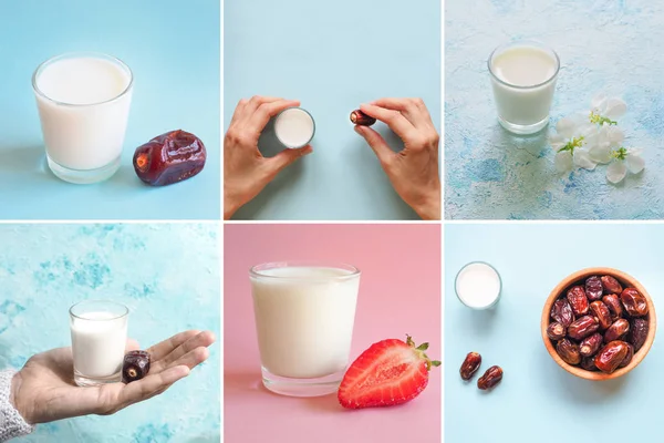 Collage med ett glas mjölk och dadlar. Ramadan Food — Stockfoto