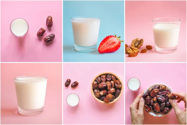 Collage med ett glas mjölk och dadlar. Ramadan Food — Stockfoto