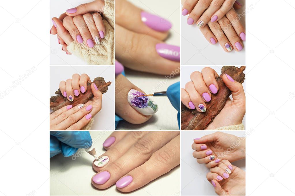 Beauty collage with art design manicure. 