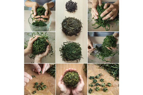 Collage mit handgemachtem fermentierten grünen Tee. — Stockfoto