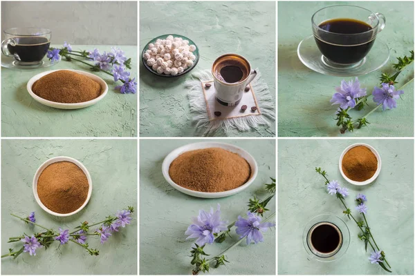Collage van verschillende foto's van witlof koffie. — Stockfoto