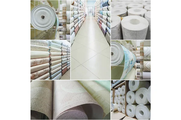 Collage with various roll wallpaper in the store.