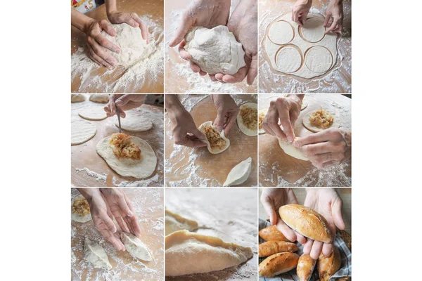Collage som visar matlagning pajer med kål. — Stockfoto