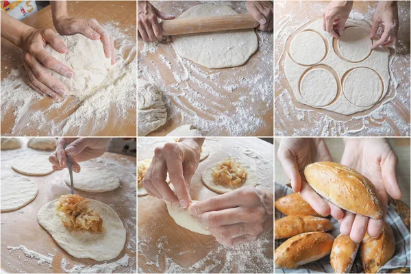 Collage showing the cooking pies with cabbage.