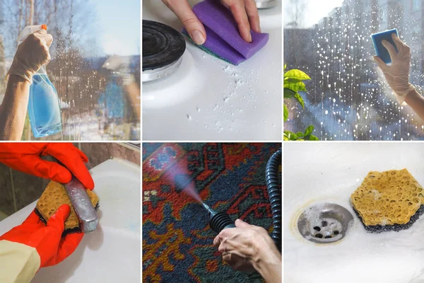 Collage de diferentes imágenes de la limpieza del hogar. De cerca. — Foto de Stock