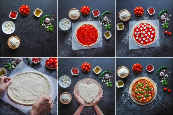 Kolaż z produkcją włoskiej pizzy Margarita — Zdjęcie stockowe