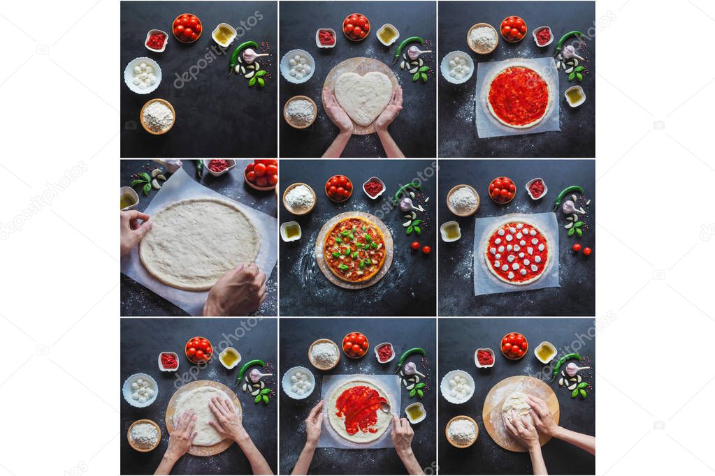 Collage with production of Italian pizza Margarita