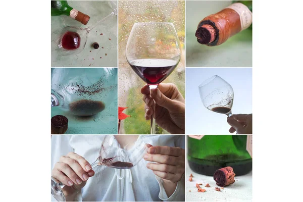 Collage con diferentes vistas del sedimento en una copa de vino viejo . —  Fotos de Stock