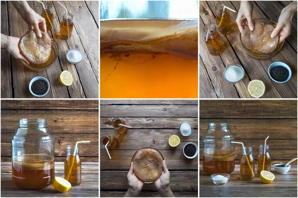 Collage with kombucha fungus. Organic fermented tea drink