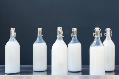 Gri arka planda büyük cam şişelerde süt