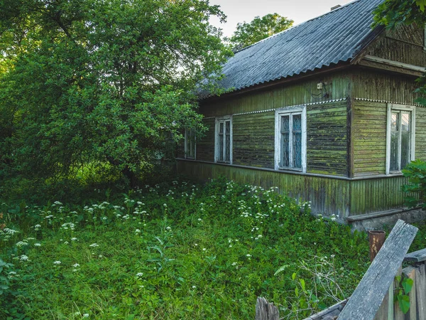 Πολύ παλιό αυθεντικό αγροτικό ξύλινο σπίτι με καταπράσινο κήπο, ένα παραδοσιακό σπίτι στα χωριά της Ρωσίας — Φωτογραφία Αρχείου