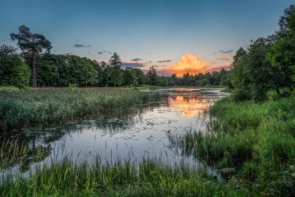 Vacker sommarsolnedgång. Rosa moln reflektion på sjön — Stockfoto