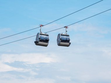 Mavi gökyüzüne karşı yan yana iki teleferik kabini.