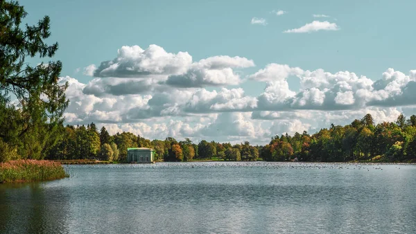 Ljust höstlandskap med sjö i parken. Det är Gatchina. Ryssland — Stockfoto