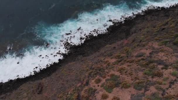 Widok z lotu ptaka-ruch drona kamery w górę, widok otwiera się na malownicze wybrzeże Oceanu — Wideo stockowe