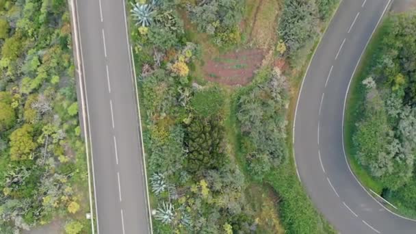 Luchtfoto van de voertuigen passeren bergketen en kloof in het Nationaal Park. De camera draait rond zijn as. Anaga, Tenerife, Canarische eilanden, Spanje — Stockvideo