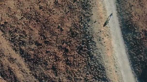 Vista desde arriba. Una mujer corre a lo largo del camino en las montañas, alrededor de la arena volcánica y la lava congelada — Vídeos de Stock