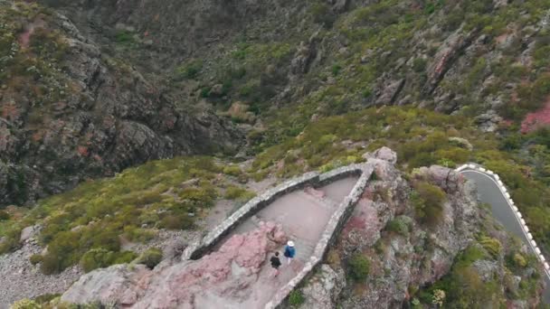 Vista aérea. Una joven pareja camina a lo largo del borde de un acantilado, por encima de un cañón alto y hermoso en las montañas. Tenerife, España — Vídeo de stock