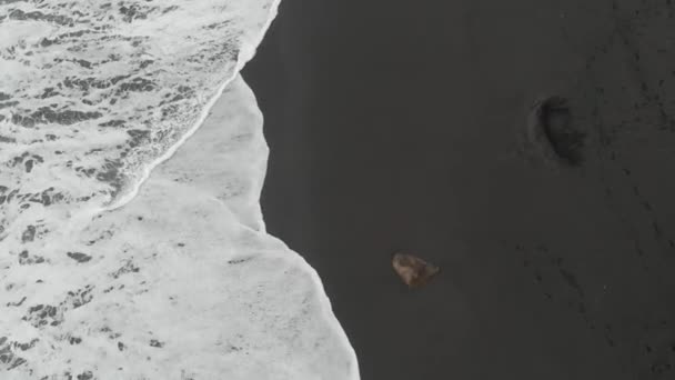 Vista aérea - chica hipster va desde el agua en la playa en la isla de Tenerife. Océano Atlántico y playa de arena negra . — Vídeos de Stock