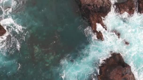 Cinematic shot - drone rises over the coast of the Atlantic Ocean, Tenerife, Spain. Rock in crystal clear water washed by ocean foam — Stock Video
