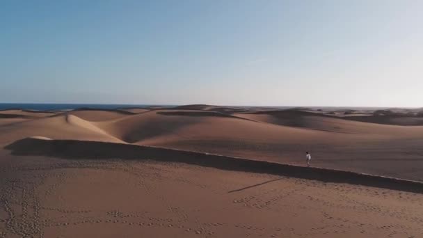 Atemberaubende Aussicht aus der Höhe - ein schönes Mädchen geht durch die Wüste, auf dem Kamm der Dünen bei starkem Wind, aus der Luft. maspalomas, gran canaria — Stockvideo