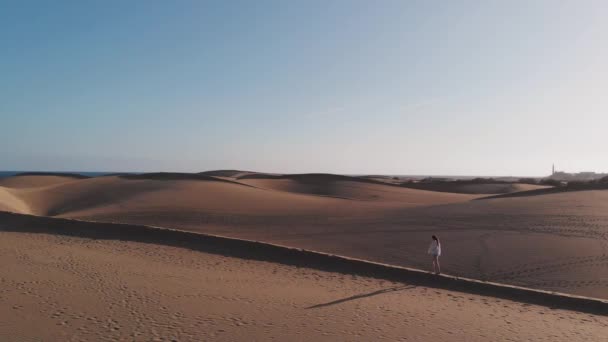 A légifelvétel oldalnézetből áll a dűne mentén, ahol egy szép fiatal nő sétál. Az arany óra naplementekor vagy napfelkeltét a sivatagban. Maspalomas, Gran Canaria — Stock videók