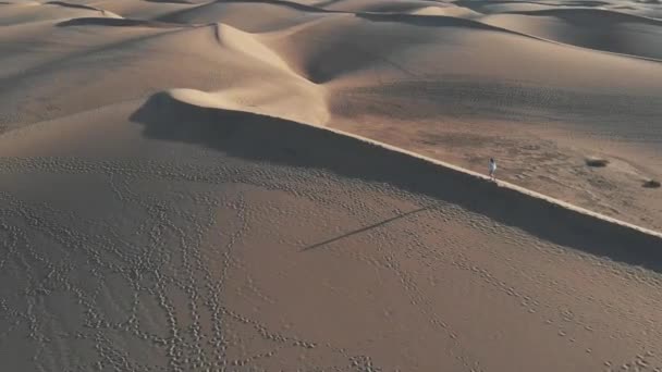 Vista aérea - una chica solitaria camina por el desierto, una larga sombra al atardecer, Maspalomas, Gran Canaria — Vídeos de Stock