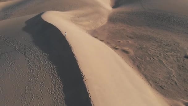Вид с воздуха - красивая девушка, стоящая на дюне на закате или восходе солнца. Летающий дрон на высокой скорости над пустыней - панорама главной достопримечательности острова Гран-Канария - Маспаломас — стоковое видео