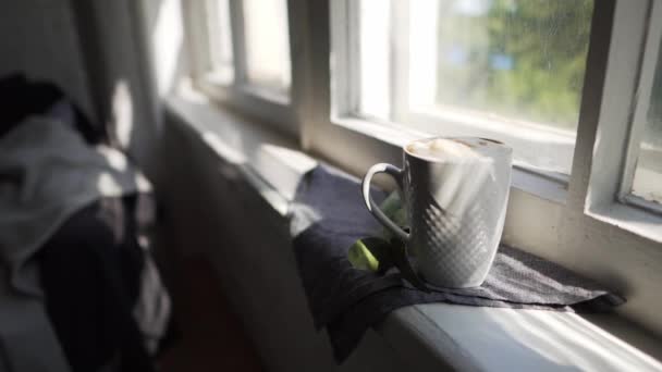 Concepto Lagom o Hygge - taza blanca de café caliente en un alféizar de la ventana en el sol — Vídeo de stock