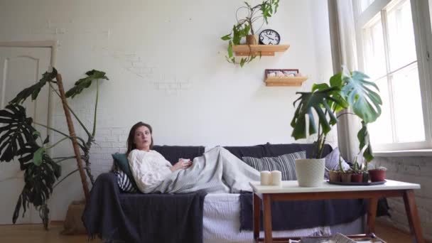Eine junge Frau auf der Couch entspannt sich - trinkt ein Heißgetränk, hüllt sich in eine Decke und legt sich auf Kissen. Gemütlichkeit und Komfort in den Winterferien — Stockvideo
