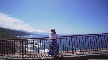 Yalnız bir kadın hipster okyanus veya denizin arka planında dağın kenarında duruyor. Tenerife Kanarya Adaları