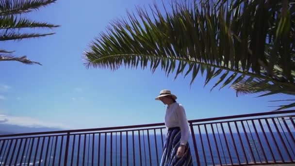 Junge schöne Frau geht auf die Aussichtsplattform mit Meerblick. stilvolles kaukasisches unabhängiges Mädchen. teneriffa, spanien — Stockvideo