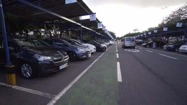 Un homme se promène le long du parking de rue de l'aéroport à une location de voiture. Le type avec les valises en vacances. Tenerife, Espagne — Video