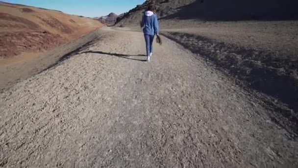 Achteraanzicht van een reiziger die afdaalt vanaf de vulkaan de Teide. Vrouw in denim op een trekking. Vulkanisch landschap, groothoek — Stockvideo