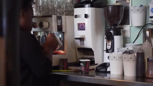 Las Palmas de Gran Canaria, ESPANHA - 23 de abril de 2019 - Jovem barista faz café em seu restaurante. Mulher pequena empresária no trabalho . — Vídeo de Stock