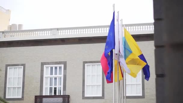 スペイン、ヨーロッパ、その他の国の旗が風に揺れる、中央広場のスローモーションの市庁舎の隣. — ストック動画