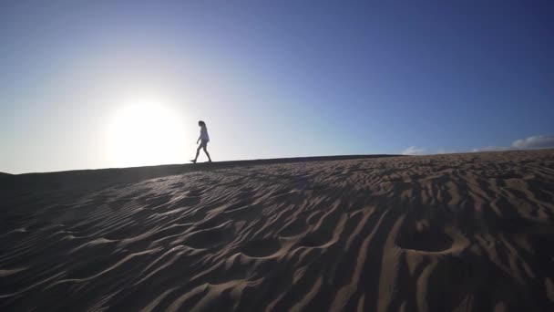 Dziewczyna robi kroki na pustyni o zachodzie słońca, szeroki kąt, wolny ruch — Wideo stockowe