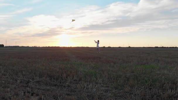 Bir kadın elinde bir uçurtma tutar ve rüzgarda onu kontrol eder turuncu bir günbatımının arka planına karşı — Stok video