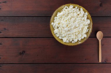 Süzme peynir peynir sarı bir plaka üzerinde ahşap kurullarında. Süt ürünleri üzerinde kahverengi ahşap arka plan, sağlıklı bir yaşam tarzı. Kopya alanı