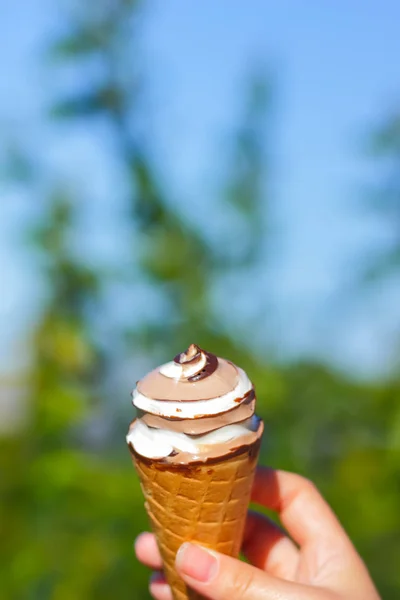 Cone Sorvete Sorvete Chocolate Fundo Borrado Sobremesa Leite Nas Férias — Fotografia de Stock