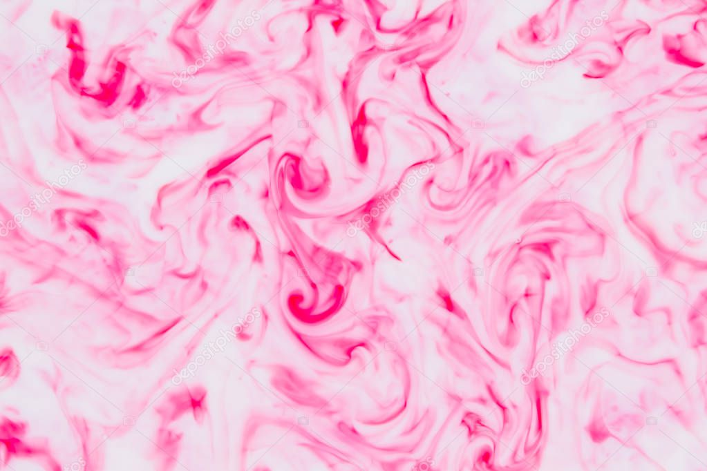 Abstract pink background on liquid, texture with paints, white pink pattern for designer, abstract pattern of food dyes on milk, blank for designer, art