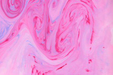 Pembe mavi arka plan, sıvı, çok renkli desen pembe lekeler, süt gıda renkleri, renk doku su, tasarımcı için hazırlık