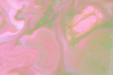 Pembe holografik arka planı yeşil, pembe su damlacıkları, çok renkli desen, süt renklerde gıda, su, tasarımcı için boş renk doku