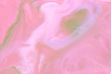 Pembe holografik arka planı yeşil, pembe su damlacıkları, çok renkli desen, süt renklerde gıda, su, tasarımcı için boş renk doku