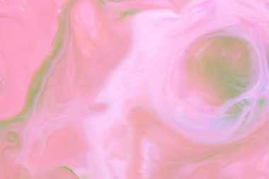 Pembe holografik arka planı yeşil, pembe su damlacıkları, çok renkli desen, süt renklerde gıda, su, tasarımcı için boş renk doku