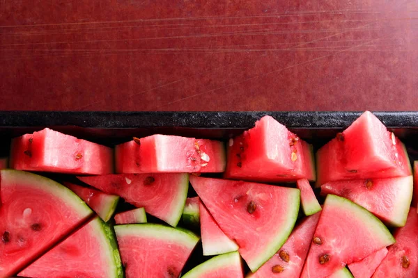 Watermelon Slices Pieces Ripe Watermelon Old Metal Dishes Red Fruit — Stock Photo, Image