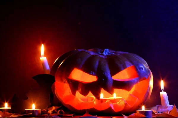Halloween Bat Halloween Pumpkin Head Jack Lantern Wooden Background Autumn — Stock Photo, Image