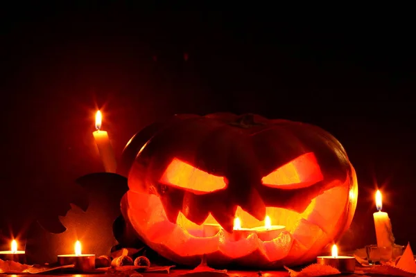 Halloween Bat Halloween Pumpkin Głowy Jack Latarnia Podłoże Drewniane Jesienne — Zdjęcie stockowe