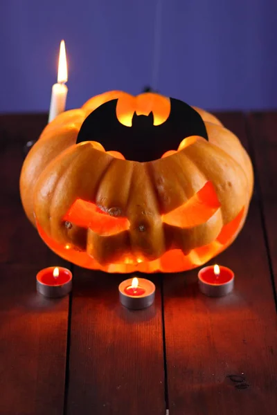 Halloween Pumpkin Candles Bat Glowing Pumpkin Harvest Halloween Dark Atmosphere — Stock Photo, Image