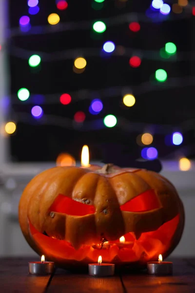 Abóbora Halloween Velas Morcego Abóbora Brilhante Colheita Para Halloween Com — Fotografia de Stock